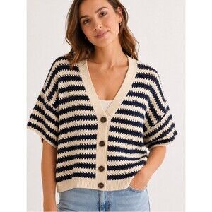 Universal Thread Cream & Navy Striped V-Neck Button Cardigan Large